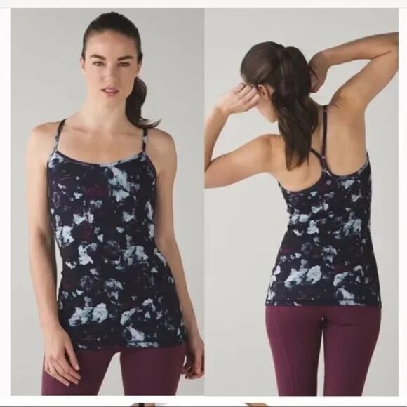Lululemon Power Y Tank *Luon Static Blossom Multi Size 4 Black Fitted - Picture 1 of 8